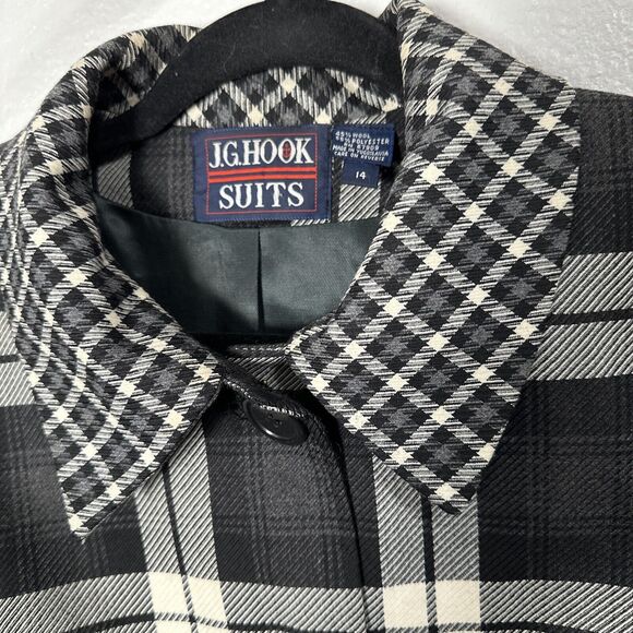 J.G. Hook Women’s Black White Plaid Coat Wool Blend Medium Length Size 14 # 858 - Picture 2 of 4